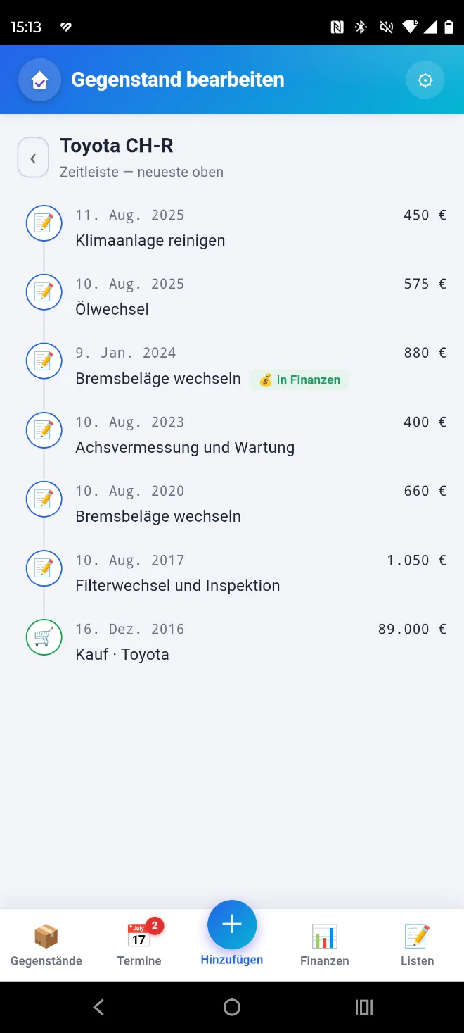 Zeitleiste eines Gegenstands mit Wartungen, Reparaturen und Kauf