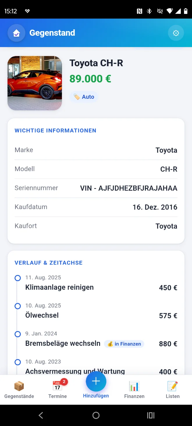 Wohnungsinventar mit Fotos und Standort in der Domowik-App