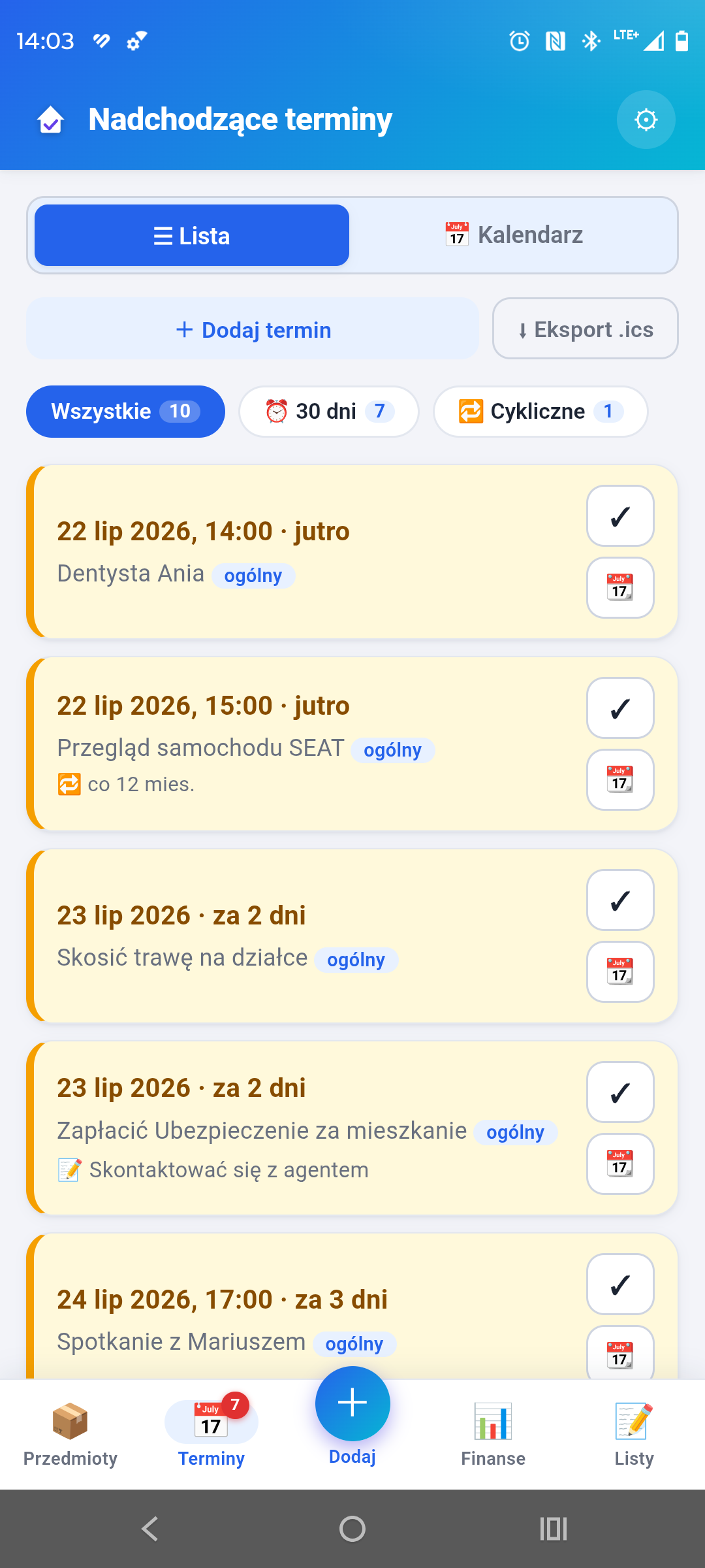 Lista nadchodzących terminów z datami i oznaczeniem spraw cyklicznych