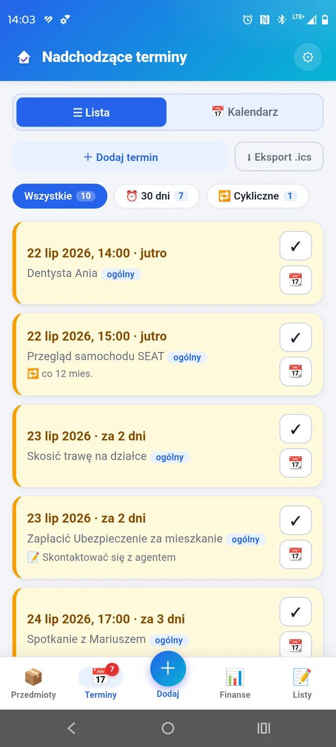 Lista de próximas fechas de garantía y revisiones en la aplicación Domowik