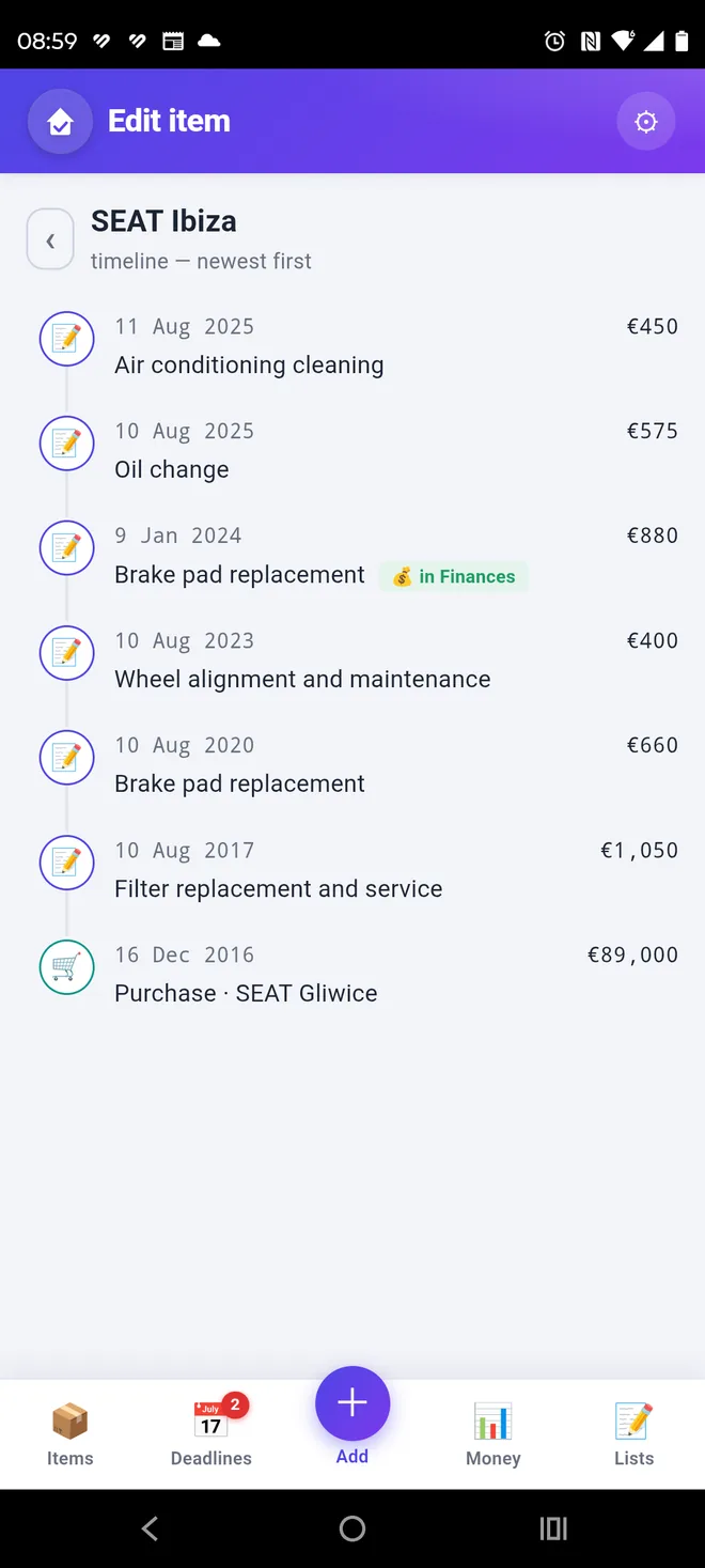 Item timeline with services, repairs and purchase