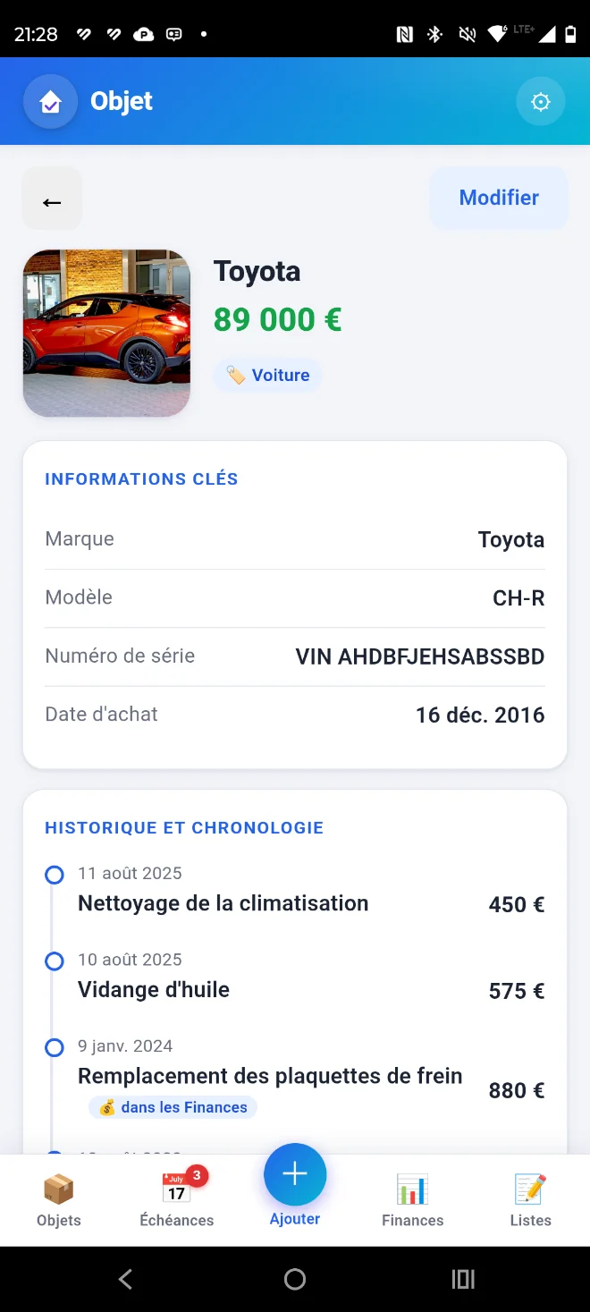 Chronologie d’un objet avec entretiens, réparations et achat