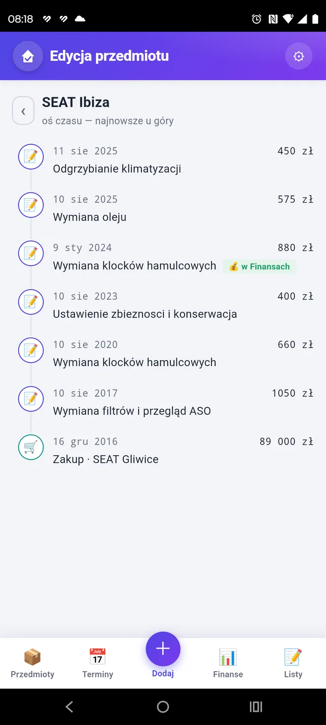 Oś czasu samochodu w Domowiku: przeglądy, naprawy i zakup z kosztami