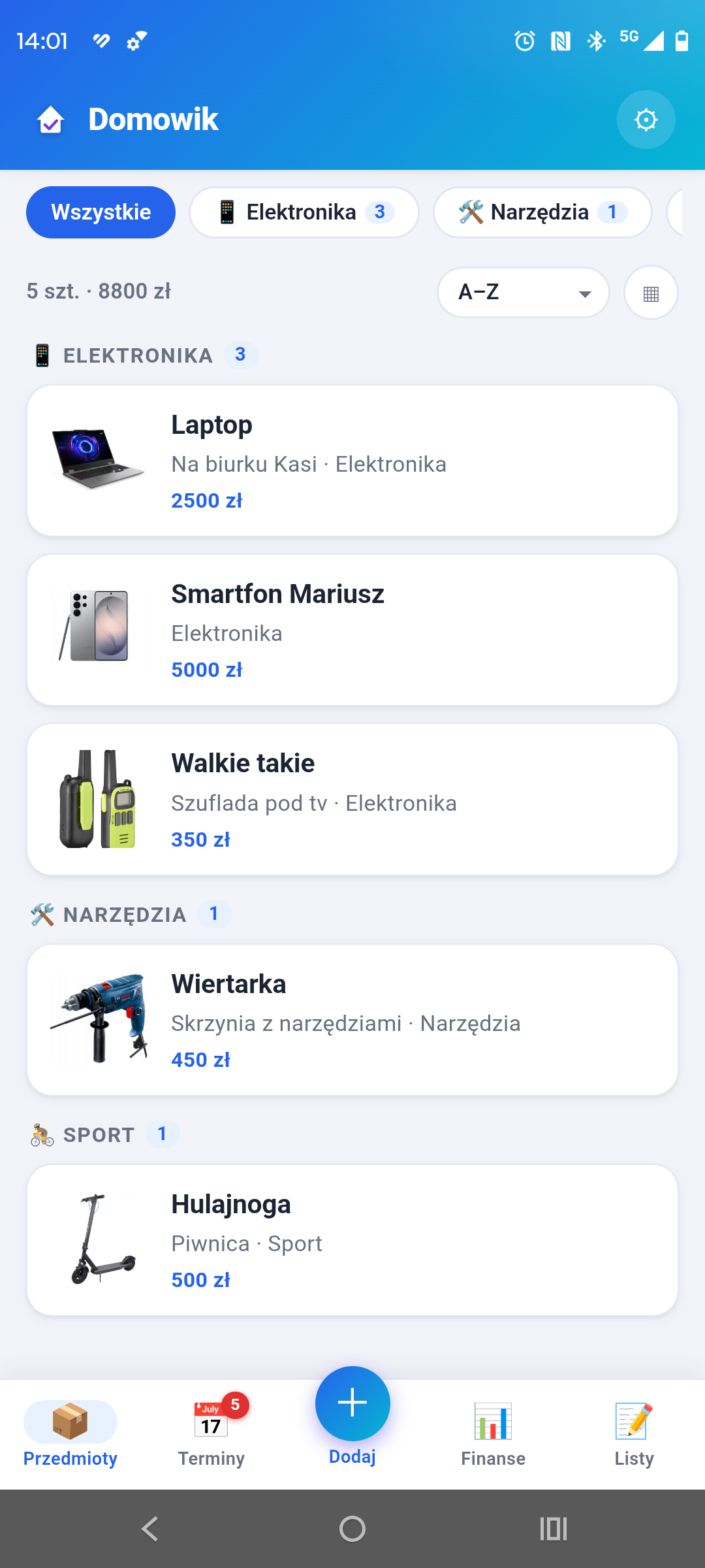 Katalog przedmiotów w aplikacji Domowik z kategoriami, lokalizacjami i wartością rzeczy