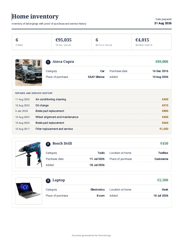PDF inventory report from Domowik: items with value, dates, proof of purchase and repair history