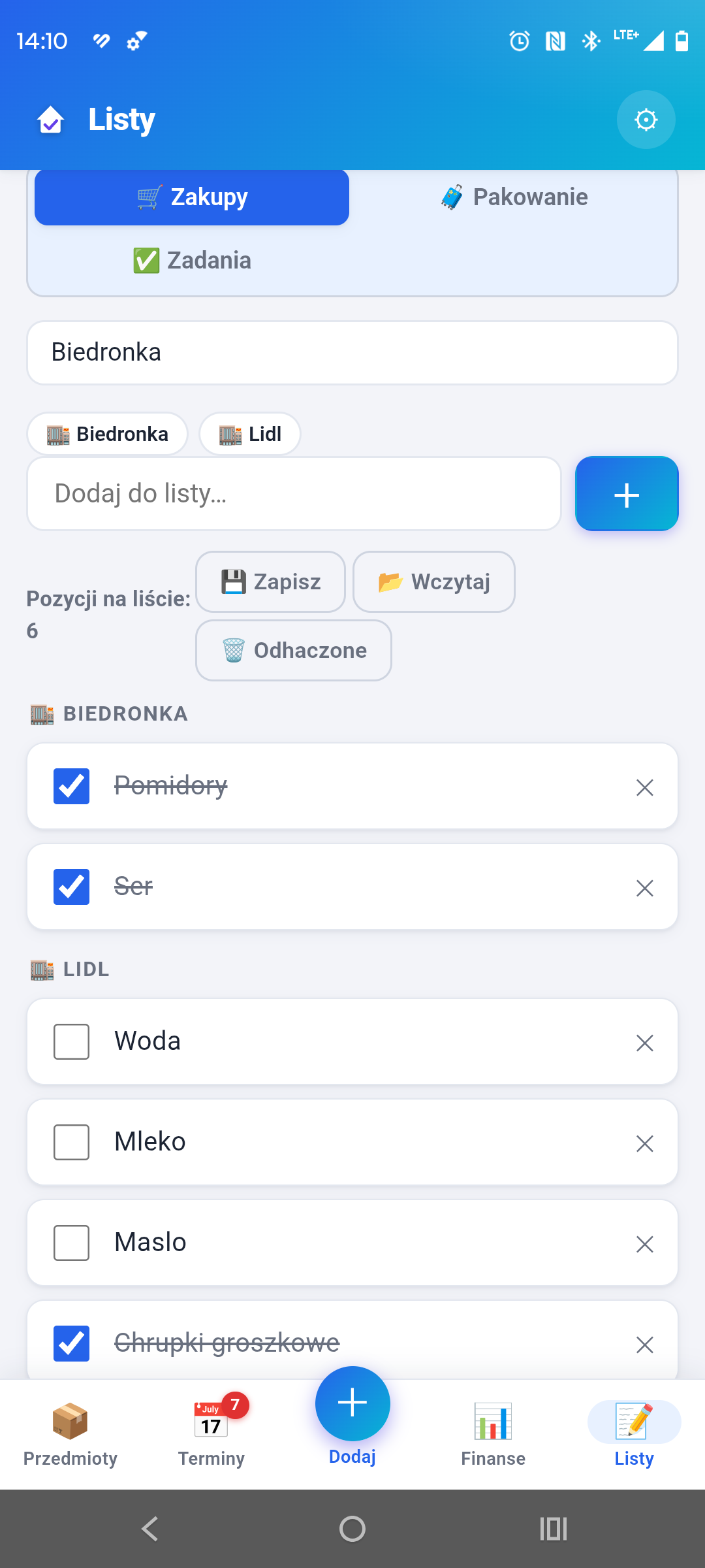 Lista zakupów z produktami pogrupowanymi według sklepów