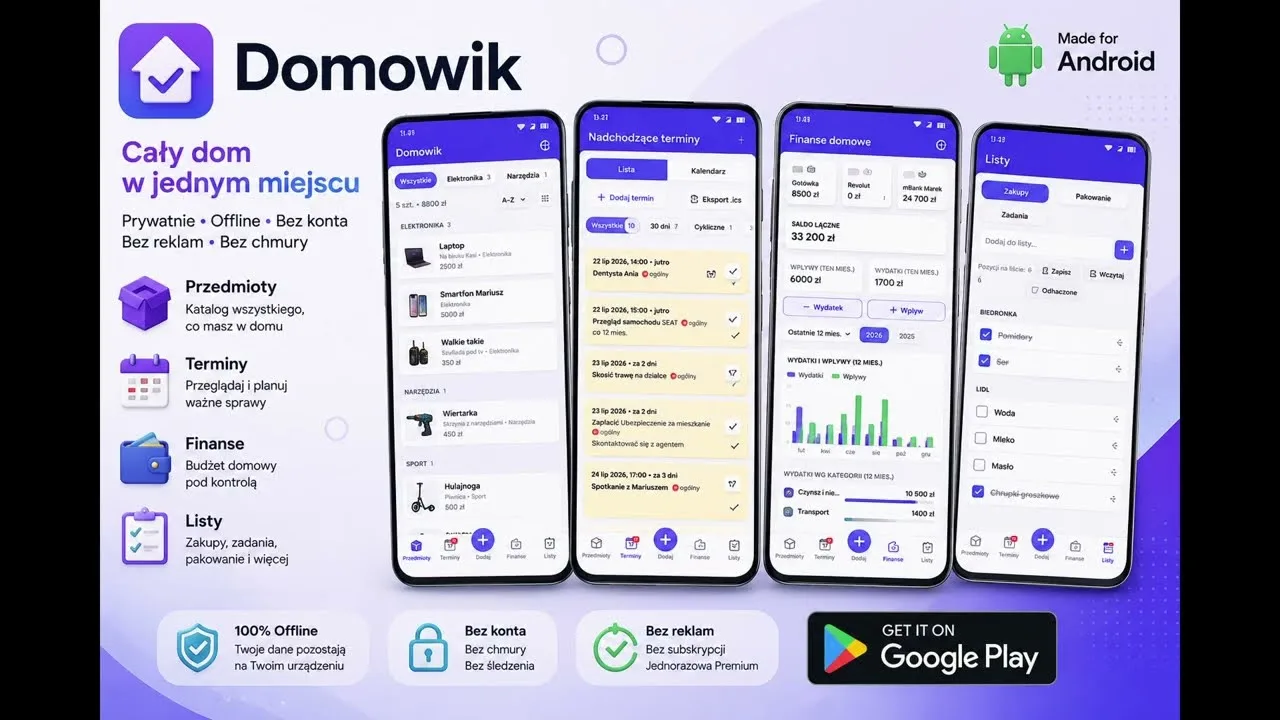 Miniatura filmu o Domowiku: rzeczy, terminy, finanse i listy w jednej aplikacji
